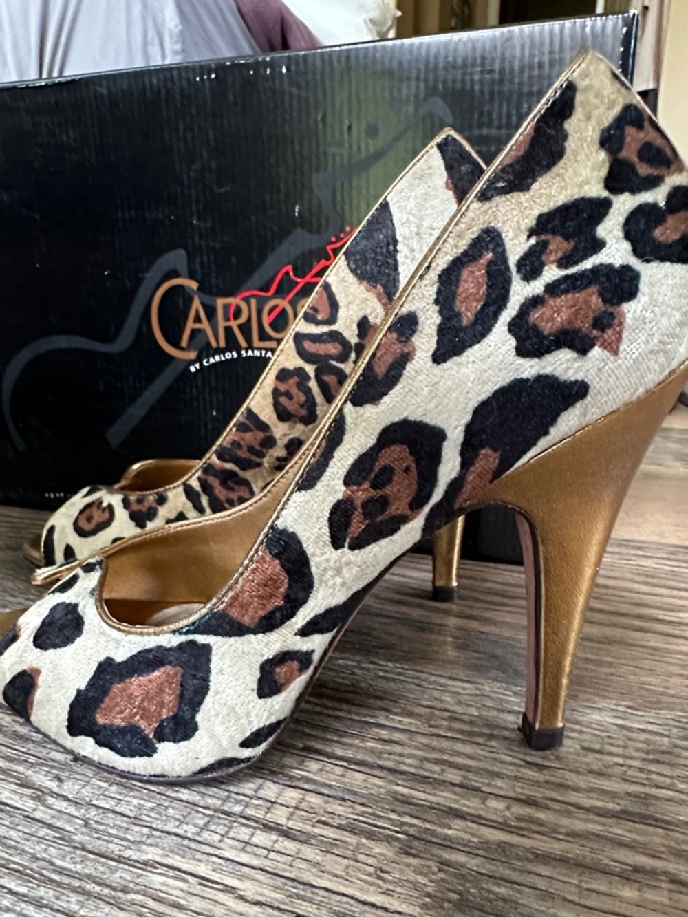 Carlos by Carlos Santana Pounce Leopard Peep-Toe Heels with Gold Heel